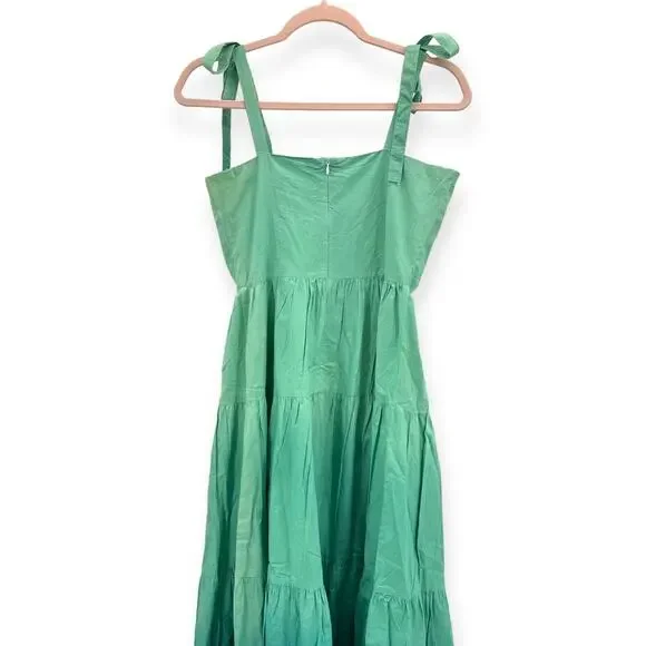 Oliphant NEW‎ Tie Strap Button Cotton Poplin Midi Dress in Ombre Green - Size XS